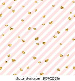 Gold heart seamless pattern. Pink-white geometric stripes, golden confetti-hearts. Symbol of love, Valentine day holiday. Design wallpaper, background, fabric texture Vector illustration