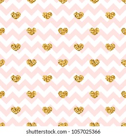 Gold heart seamless pattern. Pink-white geometric zig zag, golden confetti-hearts. Symbol of love, Valentine day holiday. Design wallpaper, background, fabric texture Vector illustration