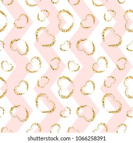Gold heart seamless pattern. Pink-white geometric zig zag, golden grunge confetti-hearts. Symbol of love, Valentine day holiday. Design wallpaper, background, fabric texture Vector illustration
