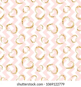 Gold heart seamless pattern. Pink-white geometric zig zag, golden grunge confetti-hearts. Symbol of love, Valentine day holiday. Design wallpaper, background, fabric texture Vector illustration