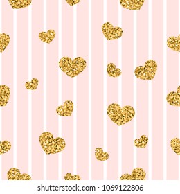 Gold heart seamless pattern. Pink-white geometric stripes, golden confetti-hearts. Symbol of love, Valentine day holiday. Design wallpaper, background, fabric texture Vector illustration