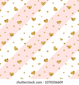 Gold heart seamless pattern. Pink-white geometric stripes, golden confetti-hearts. Symbol of love, Valentine day holiday. Design wallpaper, background, fabric texture Vector illustration
