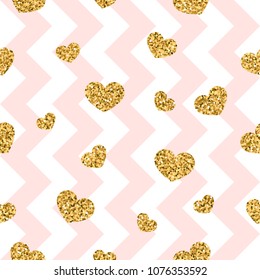 Gold heart seamless pattern. Pink-white geometric zig zag, golden confetti-hearts. Symbol of love, Valentine day holiday. Zigzag design wallpaper, background, texture Vector illustration
