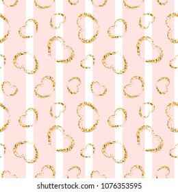 Gold heart seamless pattern. Pink-white geometric stripes, golden grunge confetti-hearts. Symbol of love, Valentine day holiday. Design wallpaper, background, fabric texture Vector illustration