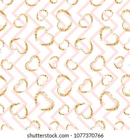 Gold heart seamless pattern. Pink-white geometric zig zag, golden grunge confetti-hearts. Symbol of love, Valentine day holiday. Design wallpaper, background, fabric texture Vector illustration
