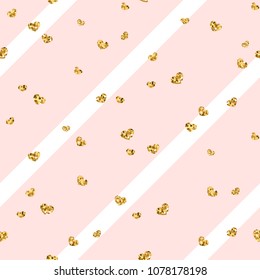 Gold heart seamless pattern. Pink-white geometric stripes, golden confetti-hearts. Symbol of love, Valentine day holiday. Design wallpaper, background, fabric texture Vector illustration