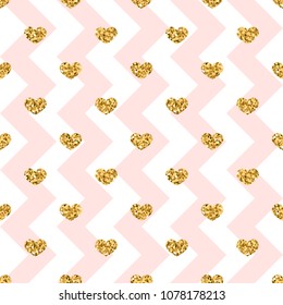 Gold heart seamless pattern. Pink-white geometric zig zag, golden confetti-hearts. Symbol of love, Valentine day holiday. Design wallpaper, background, fabric texture Vector illustration