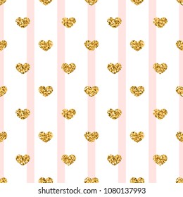 Gold heart seamless pattern. Pink-white geometric stripes, golden confetti-hearts. Symbol of love, Valentine day holiday. Design wallpaper, background, fabric texture Vector illustration