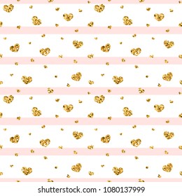 Gold heart seamless pattern. Pink-white geometric stripes, golden confetti-hearts. Symbol of love, Valentine day holiday. Design wallpaper, background, fabric texture Vector illustration