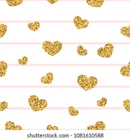 Gold heart seamless pattern. Pink-white geometric stripes, golden confetti-hearts. Symbol of love, Valentine day holiday. Design wallpaper, background, fabric texture Vector illustration