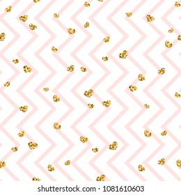 Gold heart seamless pattern. Pink-white geometric zig zag, golden confetti-hearts. Symbol of love, Valentine day holiday. Zigzag design wallpaper, background, texture Vector illustration