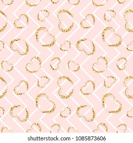 Gold heart seamless pattern. Pink-white geometric zig zag, golden grunge confetti-hearts. Symbol of love, Valentine day holiday. Design wallpaper, background, fabric texture Vector illustration