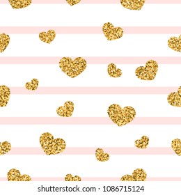Gold heart seamless pattern. Pink-white geometric stripes, golden confetti-hearts. Symbol of love, Valentine day holiday. Design wallpaper, background, fabric texture Vector illustration