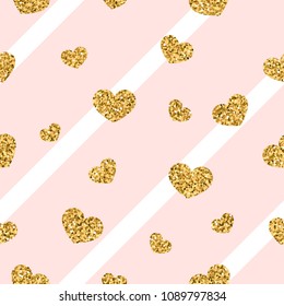 Gold heart seamless pattern. Pink-white geometric stripes, golden confetti-hearts. Symbol of love, Valentine day holiday. Design wallpaper, background, fabric texture Vector illustration