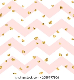 Gold heart seamless pattern. Pink-white geometric zig zag, golden confetti-hearts. Symbol of love, Valentine day holiday. Zigzag design wallpaper, background, texture Vector illustration