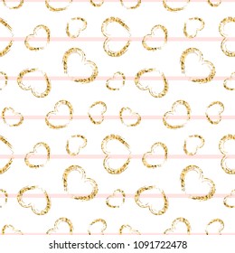 Gold heart seamless pattern. Pink-white geometric stripes, golden grunge confetti-hearts. Symbol of love, Valentine day holiday. Design wallpaper, background, fabric texture Vector illustration