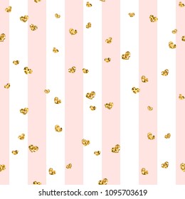 Gold heart seamless pattern. Pink-white geometric stripes, golden confetti-hearts. Symbol of love, Valentine day holiday. Design wallpaper, background, fabric texture Vector illustration