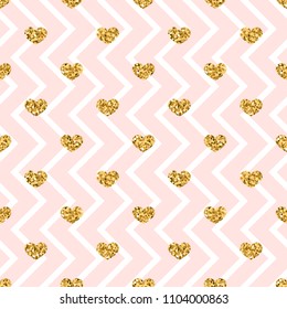 Gold heart seamless pattern. Pink-white geometric zig zag, golden confetti-hearts. Symbol of love, Valentine day holiday. Design wallpaper, background, fabric texture Vector illustration