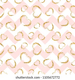 Gold heart seamless pattern. Pink-white geometric zig zag, golden grunge confetti-hearts. Symbol of love, Valentine day holiday. Design wallpaper, background, fabric texture Vector illustration