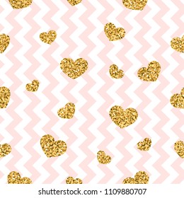 Gold heart seamless pattern. Pink-white geometric zig zag, golden confetti-hearts. Symbol of love, Valentine day holiday. Zigzag design wallpaper, background, texture Vector illustration