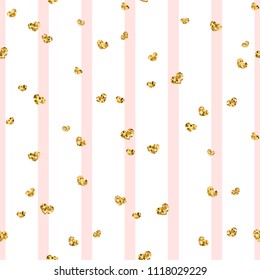 Gold heart seamless pattern. Pink-white geometric stripes, golden confetti-hearts. Symbol of love, Valentine day holiday. Design wallpaper, background, fabric texture Vector illustration