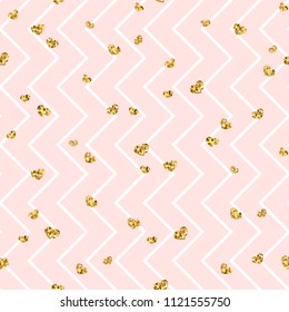 Gold heart seamless pattern. Pink-white geometric zig zag, golden confetti-hearts. Symbol of love, Valentine day holiday. Zigzag design wallpaper, background, texture Vector illustration