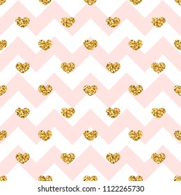 Gold heart seamless pattern. Pink-white geometric zig zag, golden confetti-hearts. Symbol of love, Valentine day holiday. Design wallpaper, background, fabric texture Vector illustration