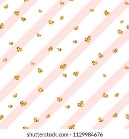 Gold heart seamless pattern. Pink-white geometric stripes, golden confetti-hearts. Symbol of love, Valentine day holiday. Design wallpaper, background, fabric texture Vector illustration
