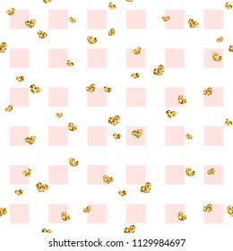 Gold heart seamless pattern. Pink-white geometric square, golden confetti-hearts. Symbol of love, Valentine day holiday. Design wallpaper, background, fabric texture Vector illustration