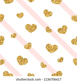 Gold heart seamless pattern. Pink-white geometric stripes, golden confetti-hearts. Symbol of love, Valentine day holiday. Design wallpaper, background, fabric texture Vector illustration