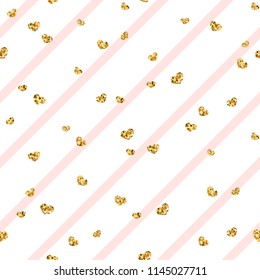 Gold heart seamless pattern. Pink-white geometric stripes, golden confetti-hearts. Symbol of love, Valentine day holiday. Design wallpaper, background, fabric texture Vector illustration