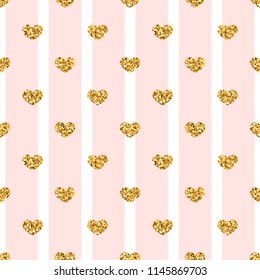 Gold heart seamless pattern. Pink-white geometric stripes, golden confetti-hearts. Symbol of love, Valentine day holiday. Design wallpaper, background, fabric texture Vector illustration