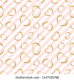 Gold heart seamless pattern. Pink-white geometric stripes, golden grunge confetti-hearts. Symbol of love, Valentine day holiday. Design wallpaper, background, fabric texture Vector illustration