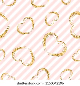Gold heart seamless pattern. Pink-white geometric stripes, golden grunge confetti-hearts. Symbol of love, Valentine day holiday. Design wallpaper, background, fabric texture Vector illustration