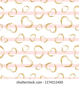 Gold heart seamless pattern. Pink-white geometric stripes, golden grunge confetti-hearts. Symbol of love, Valentine day holiday. Design wallpaper, background, fabric texture Vector illustration