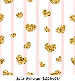 Gold heart seamless pattern. Pink-white geometric stripes, golden confetti-hearts. Symbol of love, Valentine day holiday. Design wallpaper, background, fabric texture Vector illustration