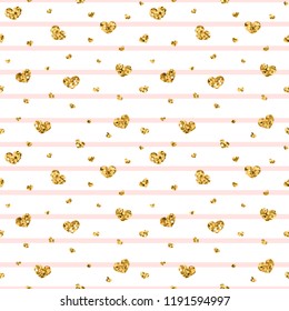 Gold heart seamless pattern. Pink-white geometric stripes, golden confetti-hearts. Symbol of love, Valentine day holiday. Design wallpaper, background, fabric texture Vector illustration