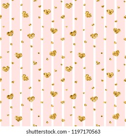 Gold heart seamless pattern. Pink-white geometric stripes, golden confetti-hearts. Symbol of love, Valentine day holiday. Design wallpaper, background, fabric texture Vector illustration