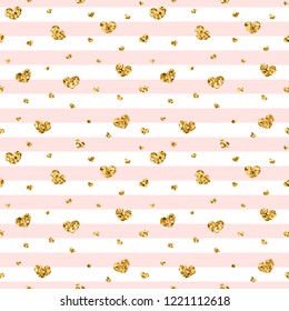 Gold heart seamless pattern. Pink-white geometric stripes, golden confetti-hearts. Symbol of love, Valentine day holiday. Design wallpaper, background, fabric texture Vector illustration