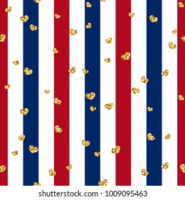 Gold heart seamless pattern. Red-blue-white geometric stripes, golden confetti-hearts. Symbol of love, Valentine day holiday. Design wallpaper, background, fabric texture Vector illustration