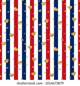 Gold heart seamless pattern. Red-blue-white geometric stripes, golden confetti-hearts. Symbol of love, Valentine day holiday. Design wallpaper, background, fabric texture Vector illustration