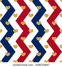 Gold heart seamless pattern. Red-blue-white geometric zig zag, golden confetti-hearts. Symbol of love, Valentine day holiday. Design wallpaper, background, fabric texture Vector illustration