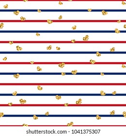 Gold heart seamless pattern. Red-blue-white geometric stripes, golden confetti-hearts. Symbol of love, Valentine day holiday. Design wallpaper, background, fabric texture Vector illustration