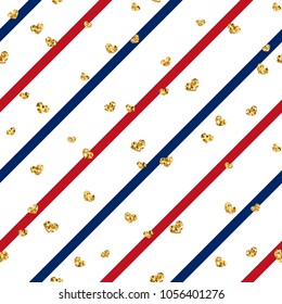 Gold heart seamless pattern. Red-blue-white geometric stripes, golden confetti-hearts. Symbol of love, Valentine day holiday. Design wallpaper, background, fabric texture Vector illustration