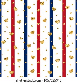 Gold heart seamless pattern. Red-blue-white geometric stripes, golden confetti-hearts. Symbol of love, Valentine day holiday. Design wallpaper, background, fabric texture Vector illustration