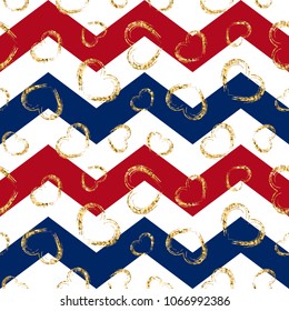 Gold heart seamless pattern. Red-blue-white geometric zig zag, golden grunge confetti-hearts. Symbol love, Valentine day holiday. Design wallpaper, background, fabric texture Vector illustration