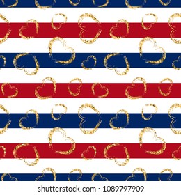 Gold heart seamless pattern. Red-blue-white geometric stripes, golden grunge confetti-hearts. Symbol of love, Valentine day holiday. Design wallpaper, background, fabric Vector illustration