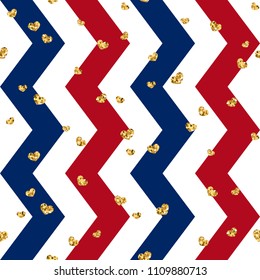 Gold heart seamless pattern. Red-blue-white geometric zig zag, golden confetti-hearts. Symbol of love, Valentine day holiday. Zigzag design wallpaper, background, texture Vector illustration