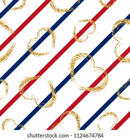 Gold heart seamless pattern. Red-blue-white geometric stripes, golden grunge confetti-hearts. Symbol love, Valentine day holiday. Design wallpaper, background, fabric texture Vector illustration