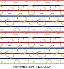 Gold heart seamless pattern. Red-blue-white geometric stripes, golden grunge confetti-hearts. Symbol of love, Valentine day holiday. Design wallpaper, background, fabric Vector illustration